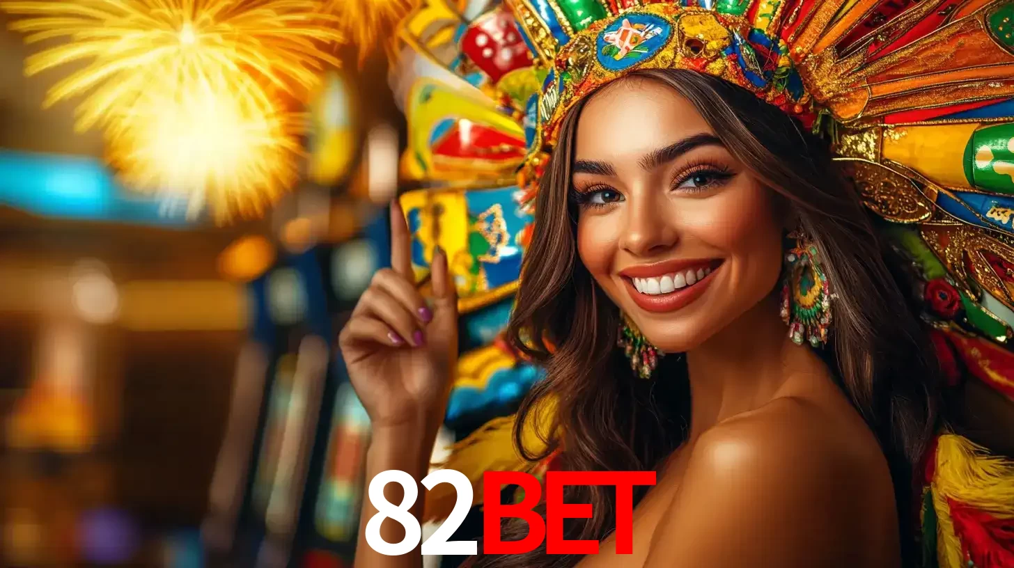 Mulher sorridente com um cocar de carnaval vibrante e colorido, celebrando uma grande vitória nos jogos do cassino 82bet com fogos de artifício ao fundo.