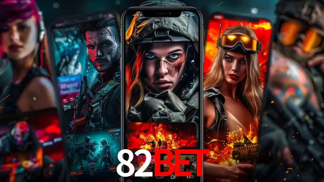 Montagem de telas de celular mostrando diversos personagens, masculinos e femininos, de um jogo de tiro, ilustrando a diversidade de equipes de e-sports para apostar no 82bet.