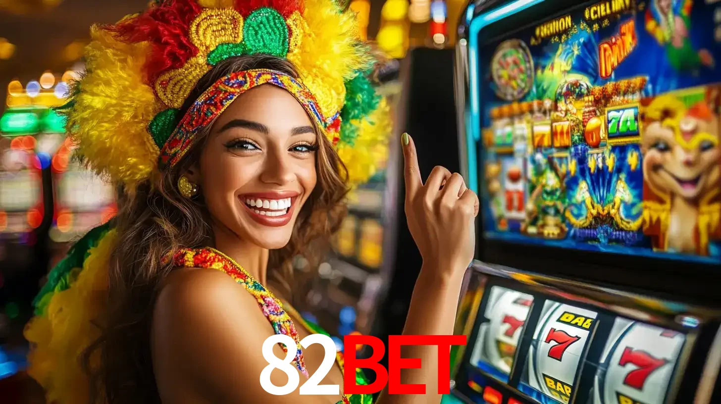 Mulher animada com um cocar de carnaval apontando para uma máquina de caça-níqueis, mostrando a emoção de ganhar um grande prêmio nos jogos do 82bet.