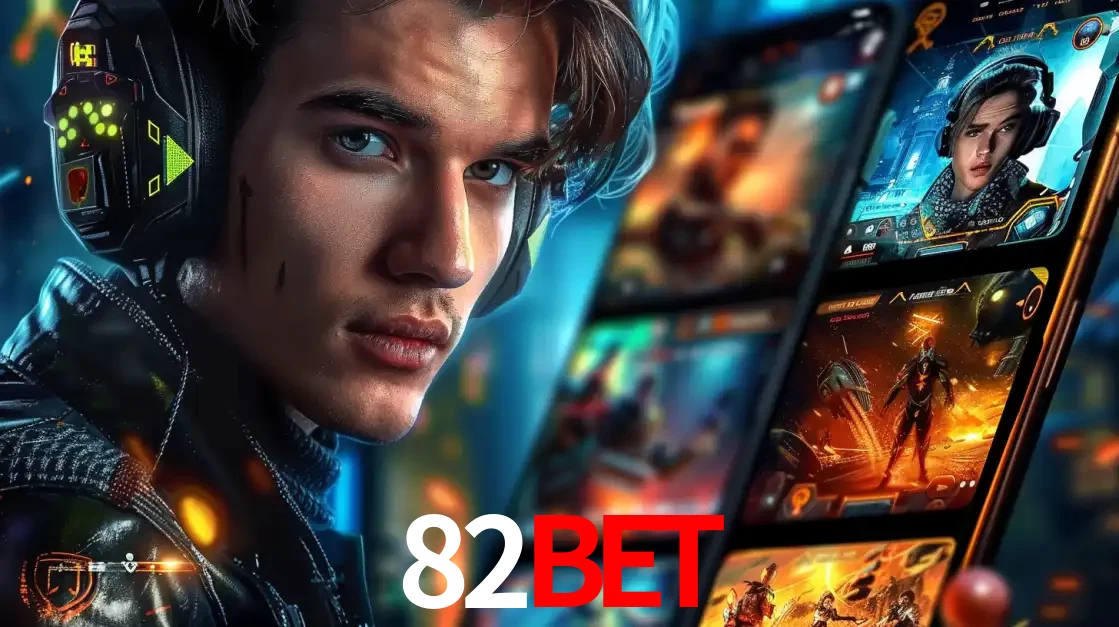 Jovem jogador com fones de ouvido olhando para a câmera, com um aplicativo de jogos e e-sports para celular ao fundo, pronto para a competição e apostas no 82bet.