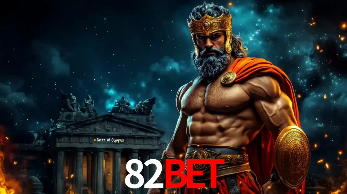 O poderoso Zeus do jogo de slot Gates of Olympus em frente ao seu templo, pronto para lançar multiplicadores divinos e prêmios épicos no cassino online 82bet.