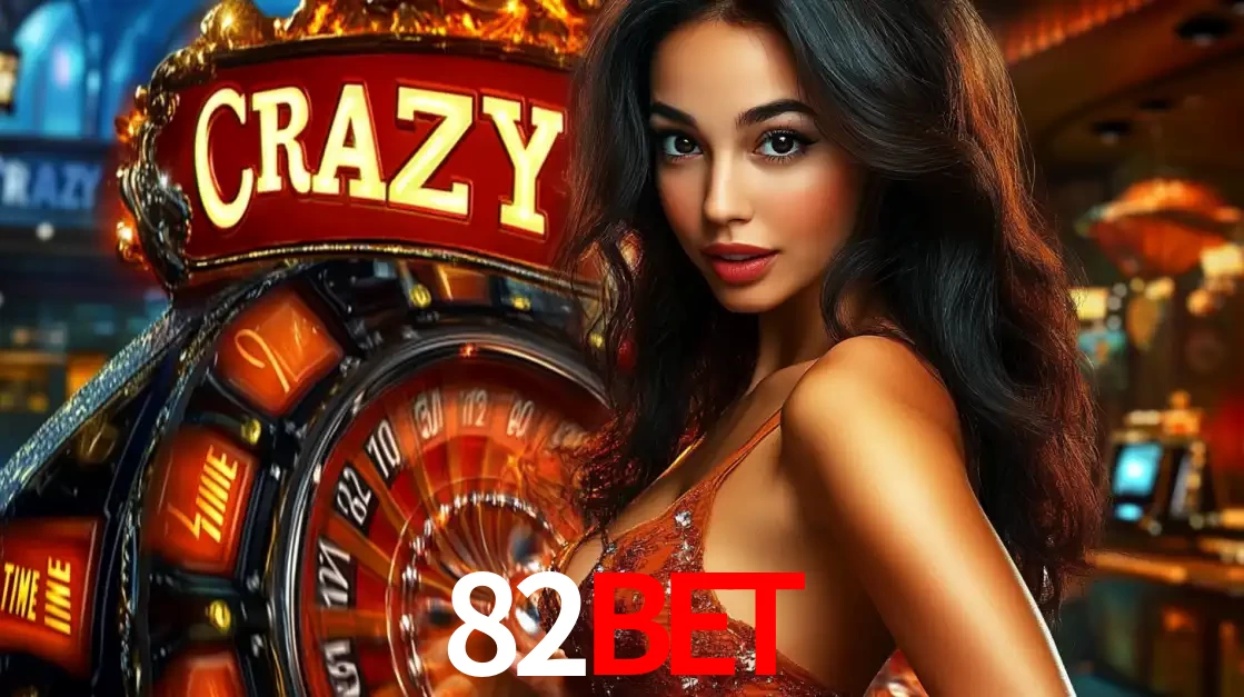 Mulher glamourosa olhando para a câmera com a roda vermelha do Crazy Time ao fundo em um ambiente de cassino, destacando a emoção dos jogos ao vivo no 82bet.