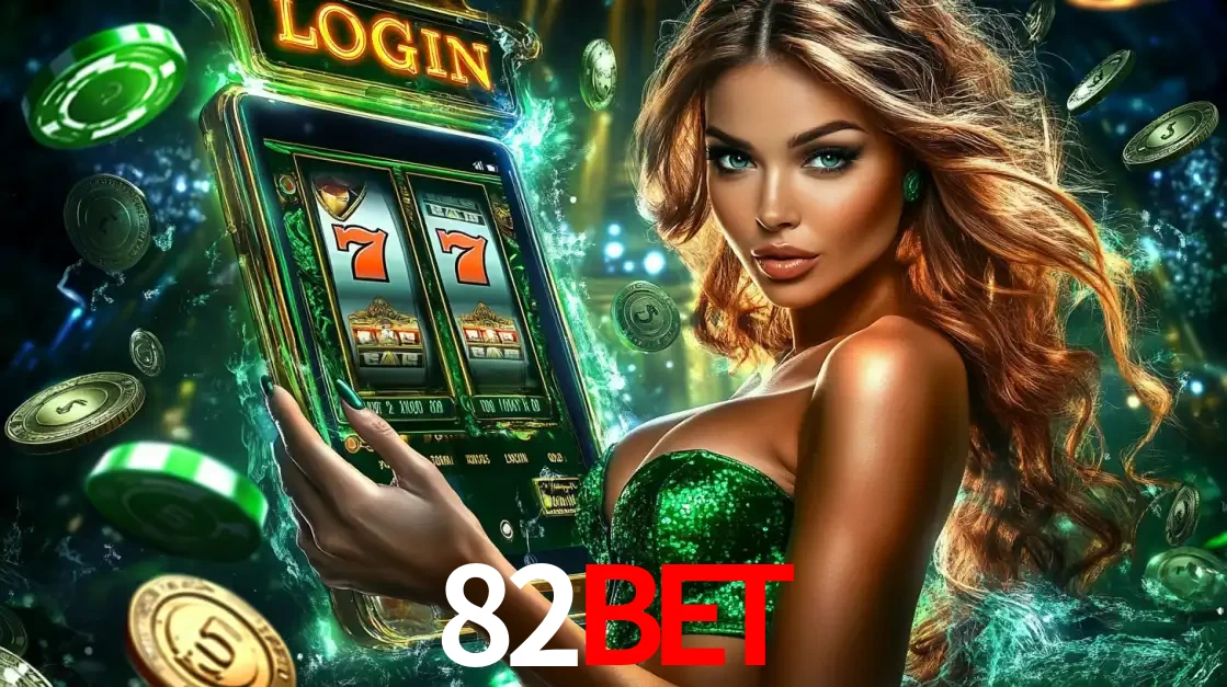 Mulher com tema verde apresentando o aplicativo do cassino 82bet com um jogo de slot de 777, cercada por fichas de cassino e uma aura de sorte.
