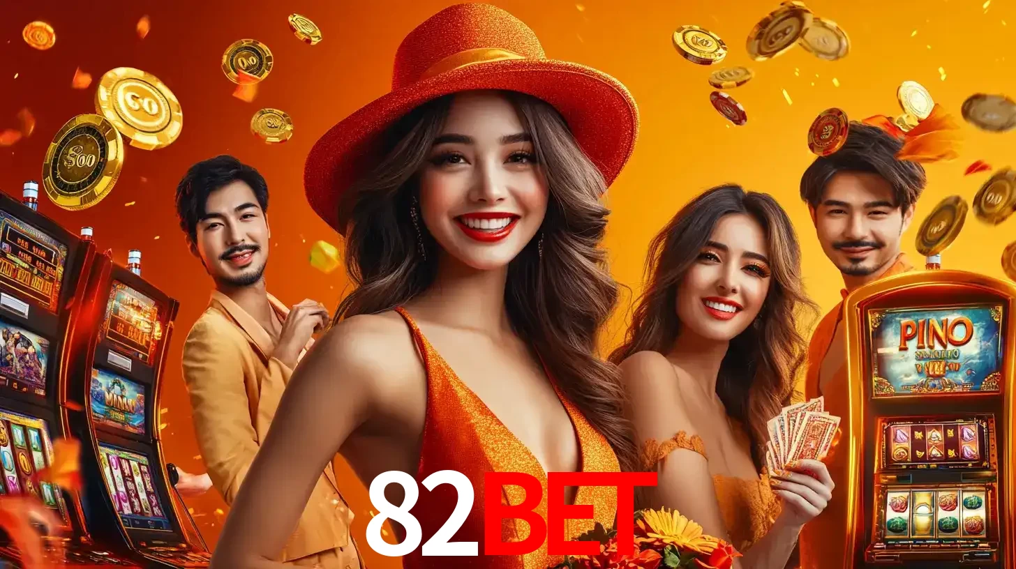 Grupo de amigos asiáticos sorrindo e se divertindo com máquinas de caça-níqueis em um ambiente festivo, celebrando suas vitórias nos jogos de cassino do 82bet.