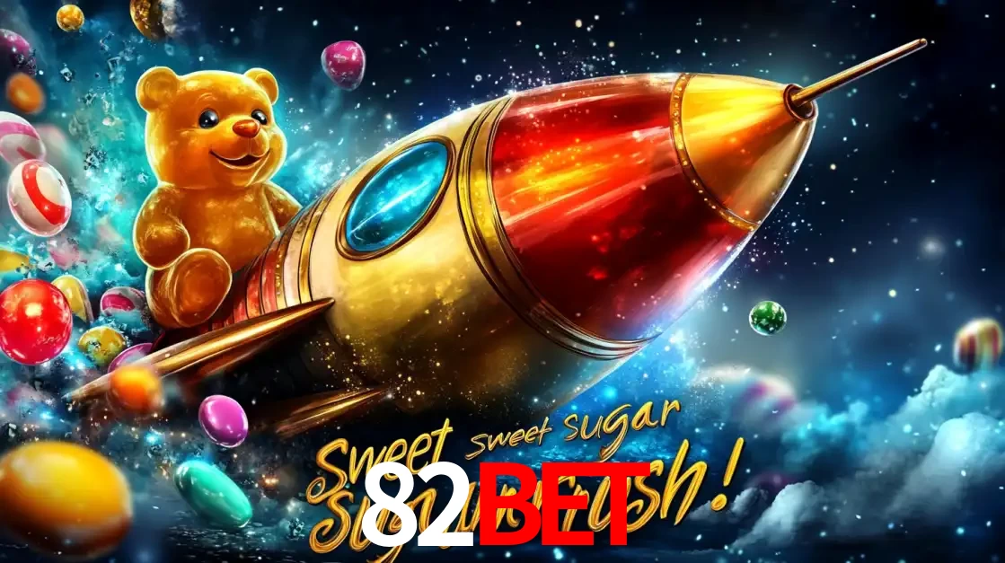 Arte promocional do jogo de slot Sugar Rush, com um urso de pelúcia em um foguete viajando pelo espaço de doces, um dos jogos divertidos disponíveis no cassino 82bet.
