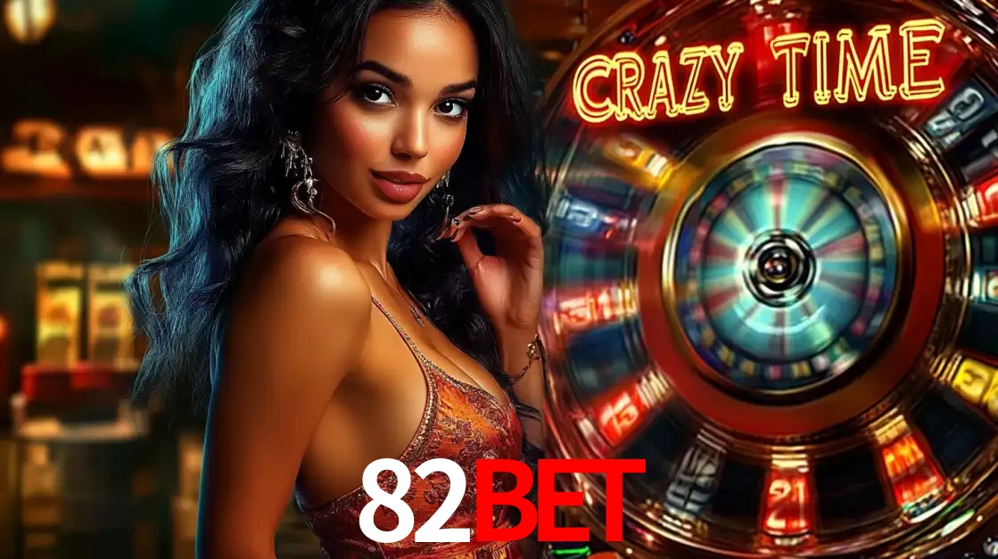 Mulher elegante ao lado da vibrante roda da fortuna do jogo de cassino ao vivo Crazy Time, um dos game shows mais populares e cheios de prêmios do 82bet.