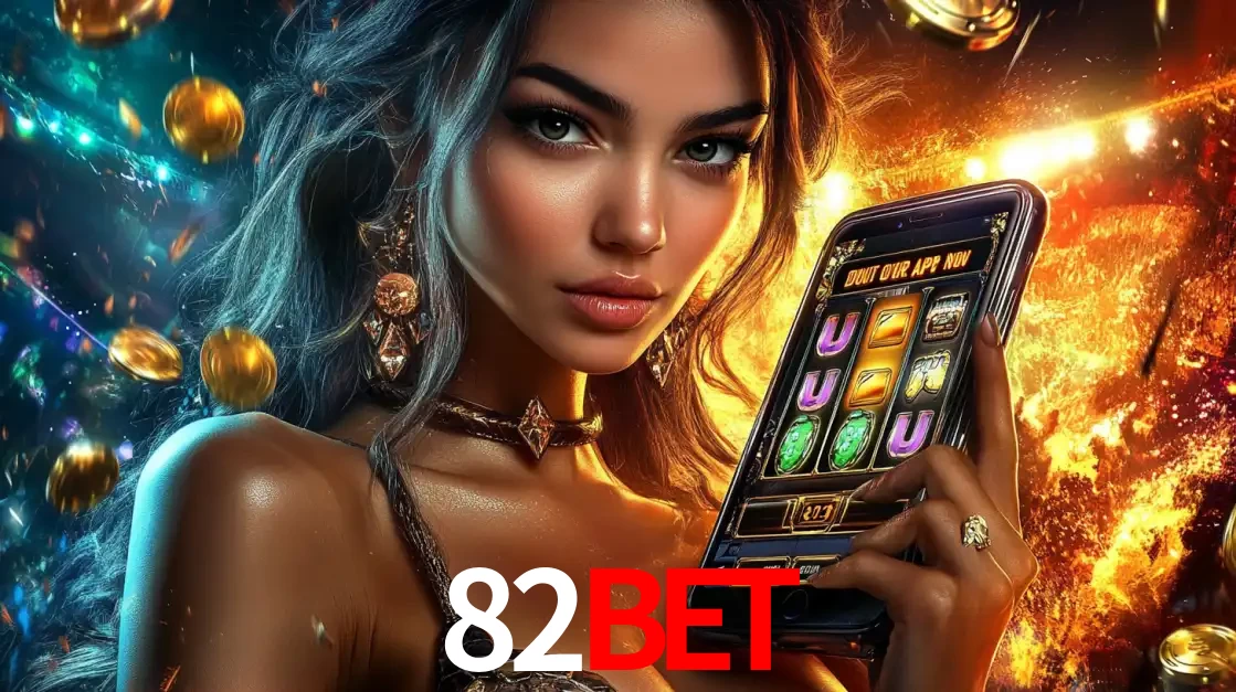 Mulher elegante mostrando um jogo de caça-níqueis em seu smartphone, destacando a experiência de cassino móvel oferecida pelo aplicativo 82bet.