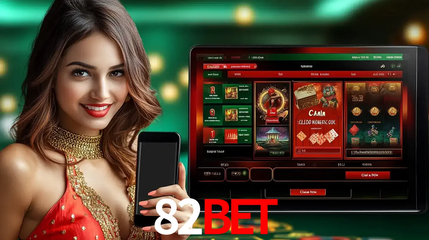 Mulher sorridente segurando um smartphone, ao lado de uma tela exibindo o lobby de jogos do cassino online 82bet, com várias opções de jogos de cartas e slots.